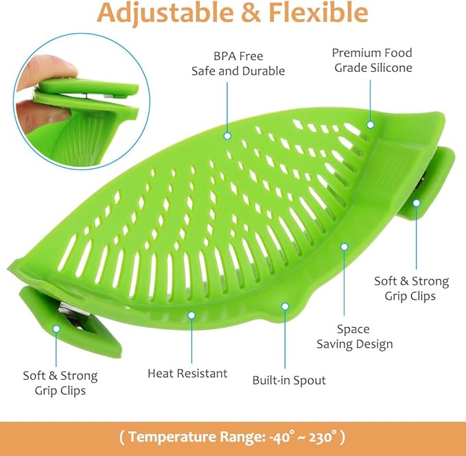YEVIOR Clip on Strainer for Pots Pan Pasta,Silicone Food Pan Strainer | Food-grade BPA-free,Kitchen Food Strainer for Spaghetti, Pasta,Vegetable Fruits Fits All Bowls and Pots (Green)