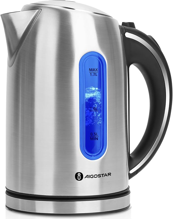 Aigostar Electric Kettle Stainless Steel, 1.7 Liter, Sliver | Cordless Tea Kettle, 1100W Hot Water Kettle with Auto Shut-Off, BPA-Free