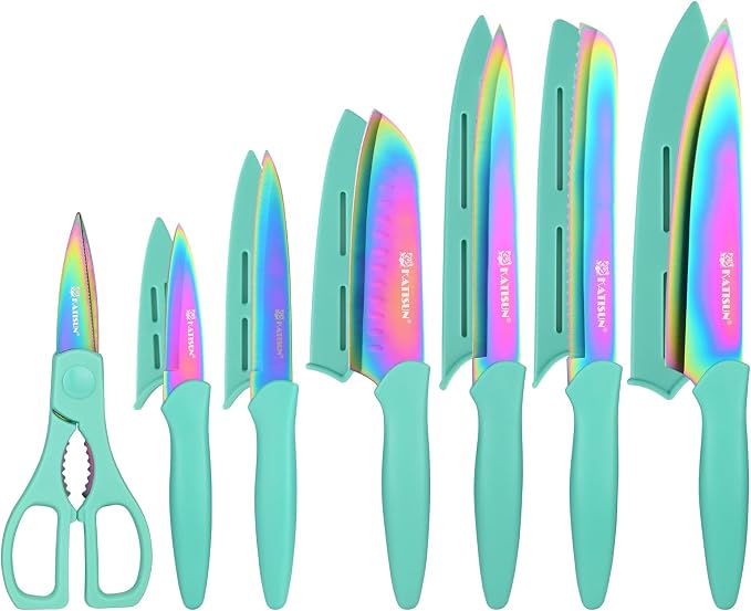 Kitchen Knife Set, Rainbow Titanium and 6 Blade Guards, 13-Piece | Stainless Steel Blades, Rainbow Nonstick Coating, Long-Lasting Sharpness, Rust-Resistant, Non-Slip, Dishwasher Safe