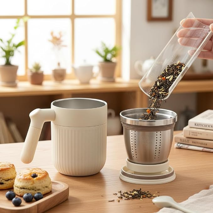 Tea Infuser Cup Doubles As Insulated Coffee Mug, Tea Cup With Lid And Handles, Removable Stainless Steel Tea Strainers For Loose Tea (White)