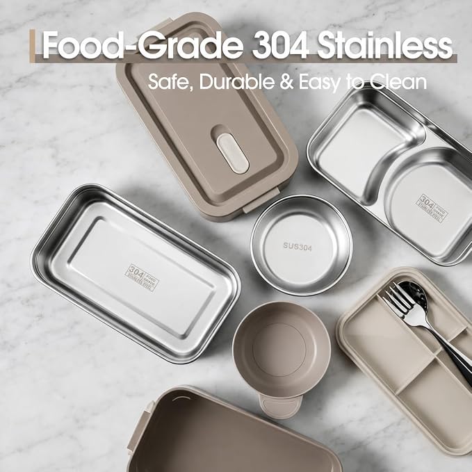 Kabbas 18/8 Stainless Steel Bento Box for Kids & Women – 66 Oz Leakproof Lunch Containers for Adults, 2Layers Stackable Metal Lunch Box with Cutlery & Insulated Bag – Ideal for Work, School, Picnic