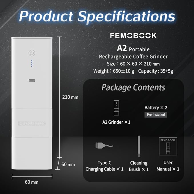FEMOBOOK-A2 White Portable Electric Coffee Grinder, Cordless Burr Grinder | USB Rechargeable Coffee Grinder Magnetic Grounds Cup for Travel & Home Brewing