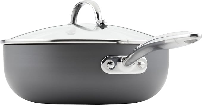Rachael Ray Professional Hard Anodized Nonstick Sauce Pan/Saucepan/Saucier with Helper Handle and Lid, 4 Quart - Gray
