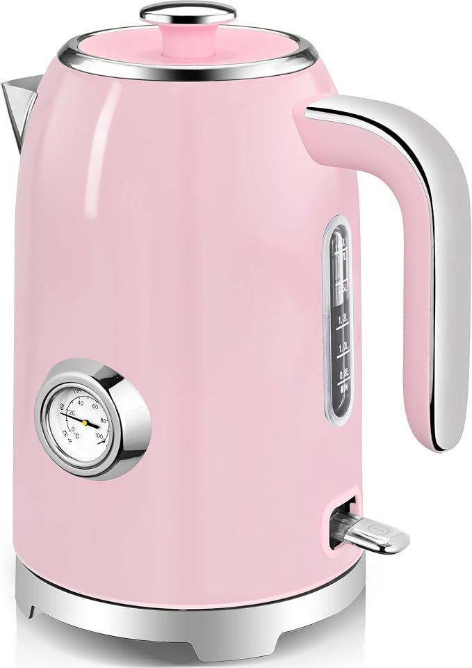 SUSTEAS 57oz Electric Kettle with Thermometer, Hot Water Pot, Pink | Electric Tea Kettle for Boiling Water, 1500W Stainless Steel Pot, Cordless LED Indicator, Auto Shut-Off & Boil Dry Protection