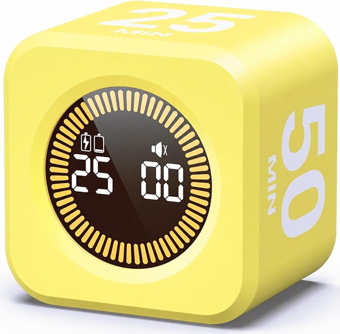 KADAMS Timer Pomodoro - Productivity Pomodoro Cube, 5/10/25/50 Min Countdown & Countup, Silent – for Work Study Workout Kitchen School Classroom Office ADHD Gift Kids (1, Yellow)