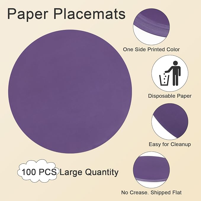 SHACOS 100 PCS Round Paper Placemats 13 inch Disposable Paper Place Mats for Dinner Wedding Birthday Party Festival Table Decoration Indoor Outdoor, Purple (Pack of 2)