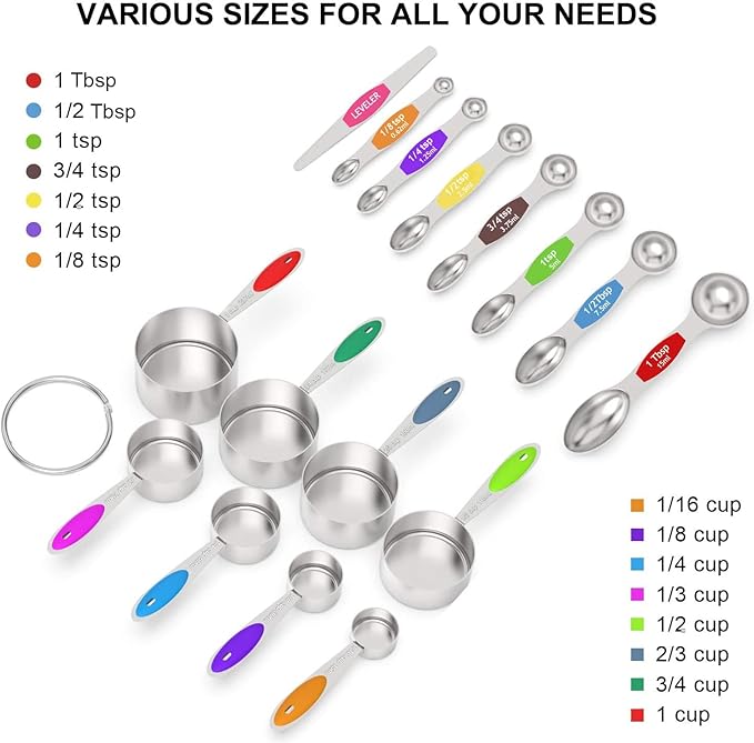 Wildone Measuring Cups and Magnetic Measuring Spoons Set, 16Pcs | 8 Stainless Measuring Cups, 7 Double-sided Magnetic Measuring Spoons & leveler for Spice Jar and Liquid Measuring, Multicolor