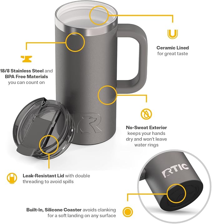 RTIC 16oz Road Trip Travel Mug with Lid and Handle, Ceramic Lined, Graphite | Stainless Steel Metal, Insulated Travel Cup for Hot and Cold Drinks, Coffee, Car, Camping and Travel