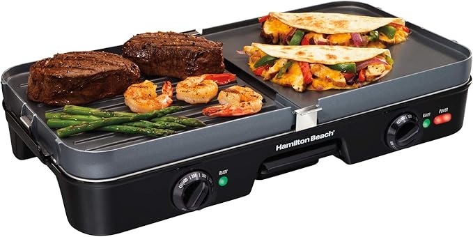 Hamilton Beach 3-in-1 Electric Indoor Grill + Electric Griddle | 180 sq. in. Reversible PFAS-Free Non-Stick Plates | 2 Individual Cooking Zones With Adjustable 425°F Temp Control | Black