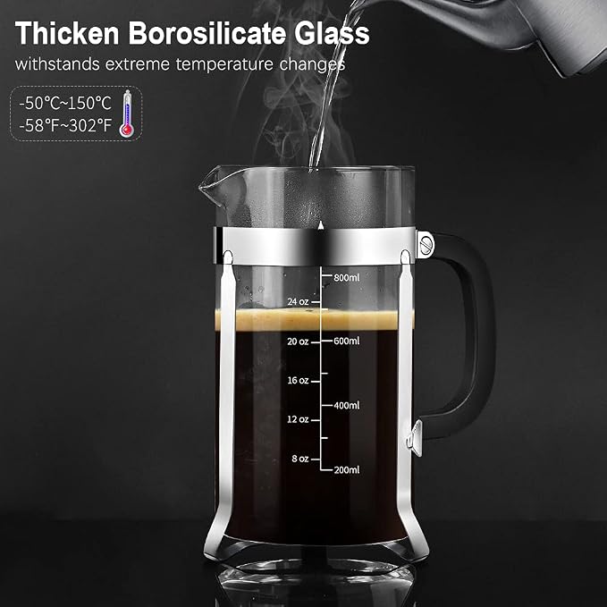 QUQIYSO French Press 34oz, Stainless Steel and Thickened Glass Coffee Maker | 4 Filter Heat-Resistant Borosilicate Glass Coffee Press, Easy to Clean, Suitable for Kitchen Party Camping Gifts(Silver)