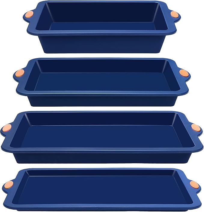 Silicone Baking Pans Set, 4 Pieces Nonstick Bakeware Set with Baking Pans, Baking Sheets, Cookie Sheets, Cake Pan with Grips and Metal Reinforced Frame More Strength, Navy Blue
