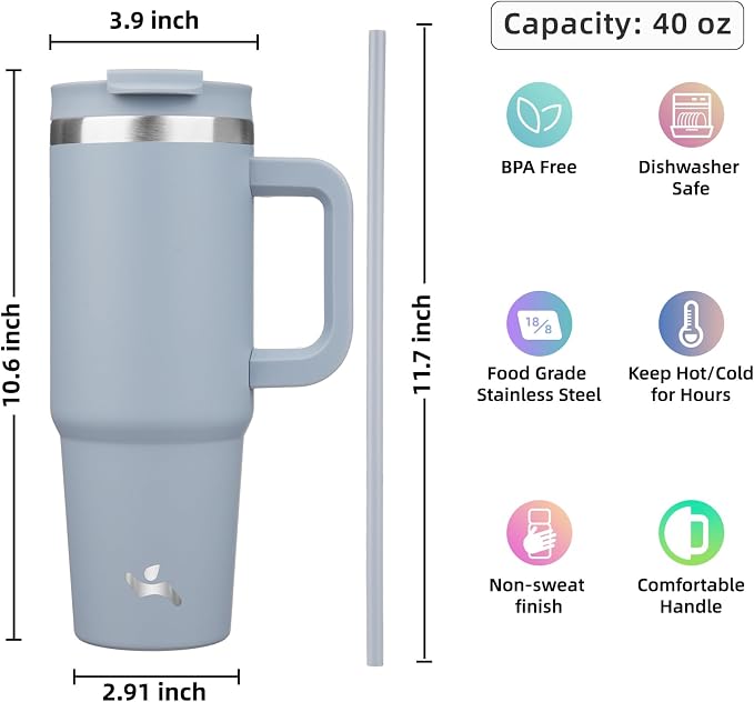Konokyo 40 oz Insulated Tumbler Water Bottle with Handle, Straw Lid | BPA-free and dishwasher safe; made for gym, travel, coffee and gifting, 2 straws, cup holder friendly,Lavender
