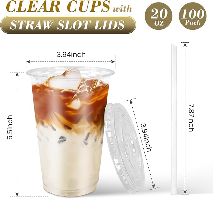 Ginkgo 100-Pack 20oz Clear Plastic Cups with Lids and Straws | Leak-Proof & Sturdy Iced Coffee Cups with Lids, Disposable To Go Cups for Smoothies, Cold Beverages