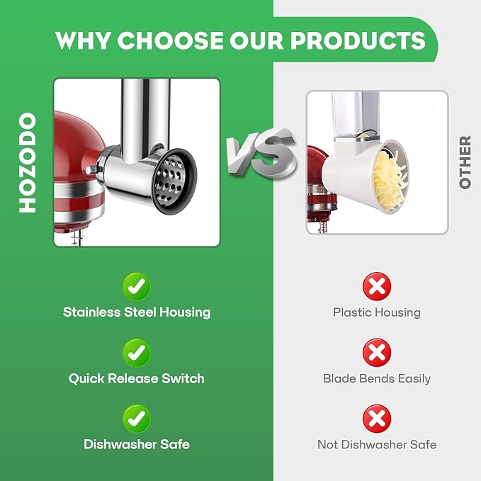 HOZODO Slicer Shredder Attachment for KitchenAid Stand Mixer | Stainless Steel, 4 Blades for Cheese Grating, Slicing, Shredding & Grinding for KitchenAid Cheese Grater Attachments