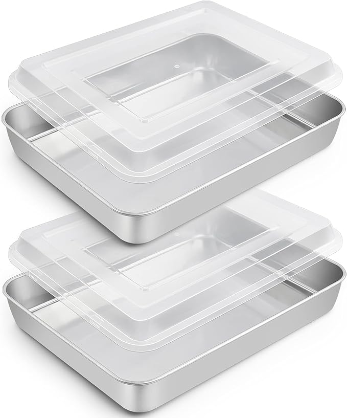 TeamFar Baking Pan with Lid, 10.5" x 8" Rectangule Cake Pans- 2Pans +2 Lids | Stainless Steel Lasagna Pans with Covers for Cake Brownie Casseroles, Birthday Party Outdoor, Healthy, Oven & Dishwasher Safe