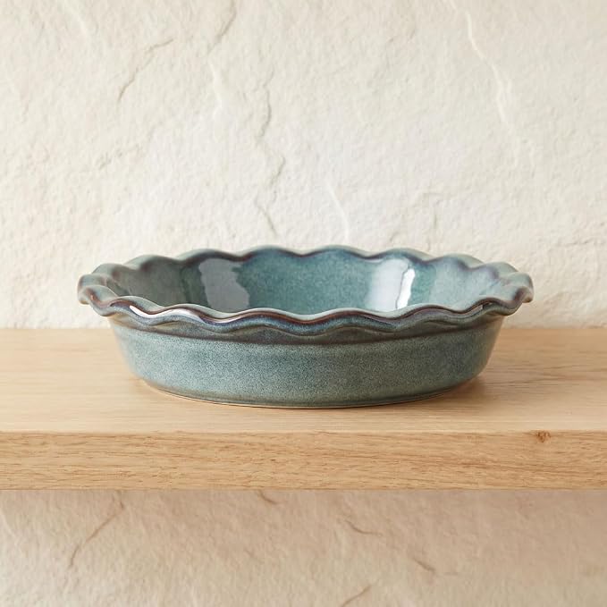 9.2-inch ceramic pie pan, 1.2 quart, ceramic baking pan, rice dish, deep groove pie pan, suitable for apple pie/quiche/risotto/roasted vegetables/oven/restaurant/party, hazy green.