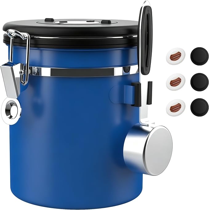 ShanSon Coffee Canister Airtight, Stainless Steel Bean Storage Container with Date Tracker & Scoop, Grounds Sugar Flour Tea Cereal Fits Kitchen Pantry, Ideal Gift for Coffee Lovers,16oz,Blue