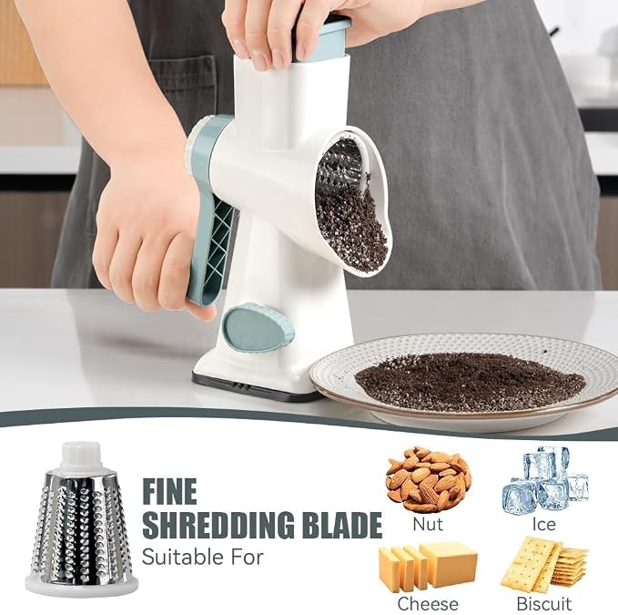 Rotary Cheese Grater Hand Crank White - Shredder Slicer Grinder 3 Stainless Steel Blades, Stable Suction, Labor-Saving Handle, Safe Kitchen Tool for Cheese, Vegetable, Nuts, Chocolate