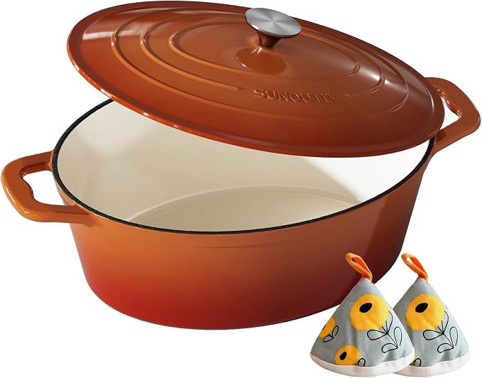 Enameled Cast Iron Dutch Oven - 9.3QT Dutch Oven Pot with Lid & Cotton Potholders - Heavy-Duty Non Stick Casserole Pot for Braising, Stews, Roasting, Baking, Suitable for All Stovetops, Vibrant Orange