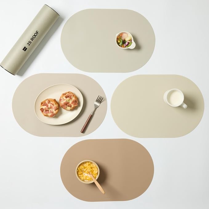 Beige Mixed Oval Silicone Placemats Set of 4 – Heat Resistant, Waterproof, Easy to Clean Non-Slip Modern Dining Table Mats – Premium Leather Textured Japandi Kitchen Decor