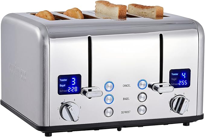 CUSIMAX 4 Slice Stainless Steel Toaster with Digital Display, Silver | LED Display with Countdown Timer, 6 Browning Levels, Bagel/Defrost/Cancel, Dual Independent Controls, 1.5" Extra Wide Slots