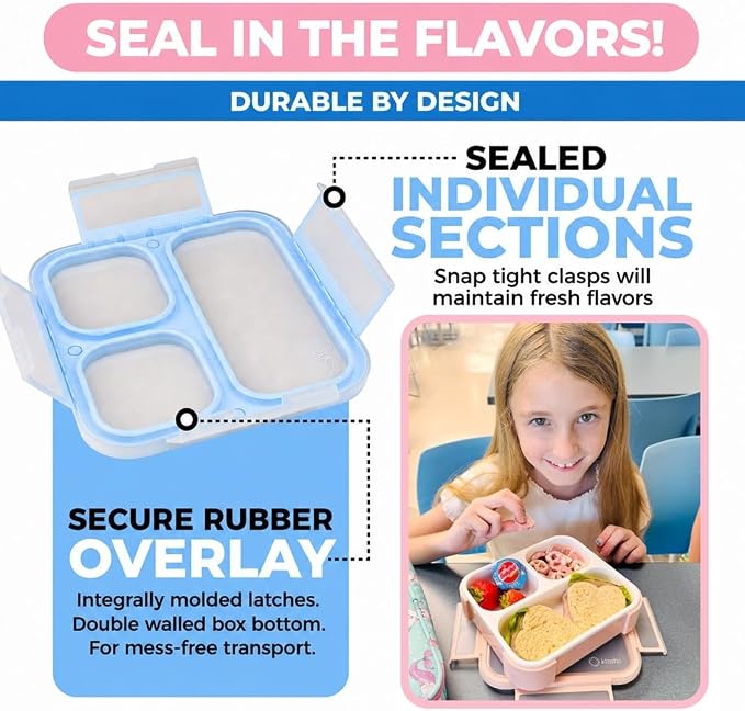 kinsho Medium Bento Boxes for Kids, Lunch Box for Boys Girls Toddler Adults, Leak-Proof 3 Compartment Containers for Meal or Snack at School Daycare Work Travel, BPA Free 2 Pack (Pastel Blue + Pink)
