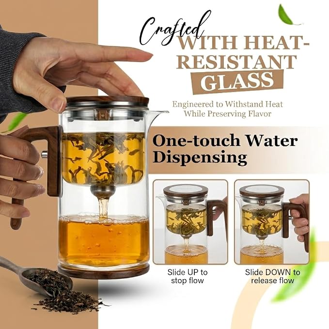 MIIKA Magic Glass Tea Pot with Infuser for Loose Tea – Bottom Dispense Stainless Steel Strainer, Borosilicate Glass, Elegant Tea Scoop, Protective Base and Drip-Free, Easy-to-Clean Design