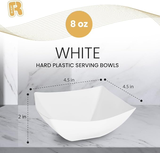 R-kay 6 Pack Square Plastic Serving Bowls - White Small Plastic bowls 8 oz, Premium White Bowls For Weddings Catering And Birthday parties