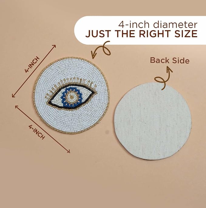 Folkulture Coasters Set of 4 | Beaded Hand-Crafted Evil Eye 2.0 Handmade Boho Drink Coasters for Coffee Table & Bar | Decorative Round Coasters for Cocktails & Wine | House Warming Gift Set