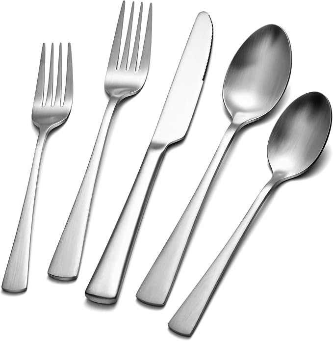 18/10 Flatware set for 4, 20 Piece Matte Stainless Steel Silverware Set | KINGSTONE Forged Flatware Cutlery Set, Mirror Polished Knives Fork and Spoon Utensils, Dishwaher Safe for Home Wedding Party