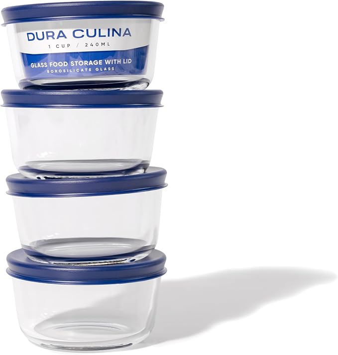 8-Piece Glass Food Storage Containers Set (4 Containers + 4 BPA-Free Lids) | 7-Ounce, Leakproof | Microwave, Freezer, Oven & Dishwasher Safe | Ideal for Meal Prep & Pantry Organization, Blue