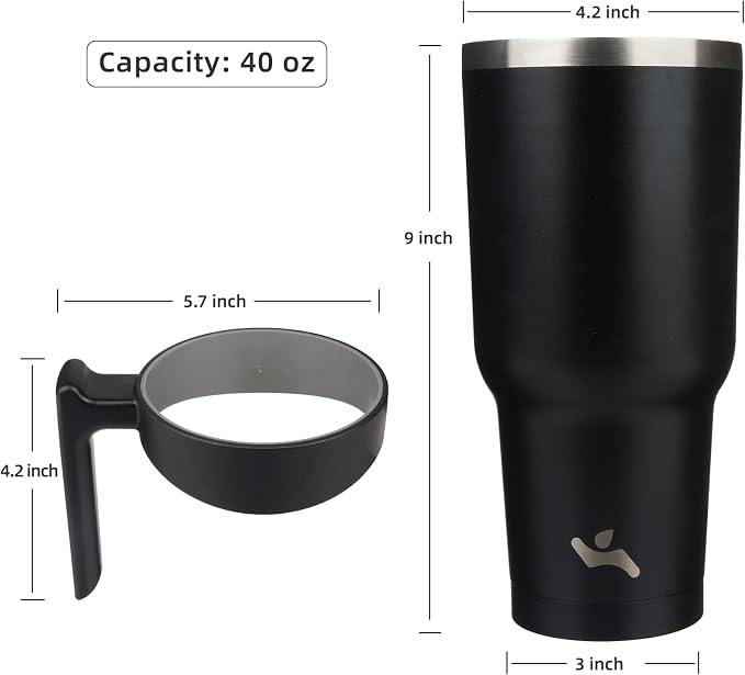 Konokyo 40 oz Tumbler with Handle and Straw, Insulated Travel Mug | Black; BPA-free, leak-proof tumbler with 2 lids, 2 straws, cup holder fit for coffee, office, travel & daily use
