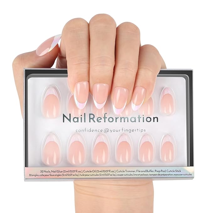Nail Reformation Press On Nails, Mirror Effect | Short Almond Fake Nails | White French Tip on Pink Gradient Metallic Base, Reusable Stick On Nails in 16 Sizes - 32 False Nail Kit for Women Gifts