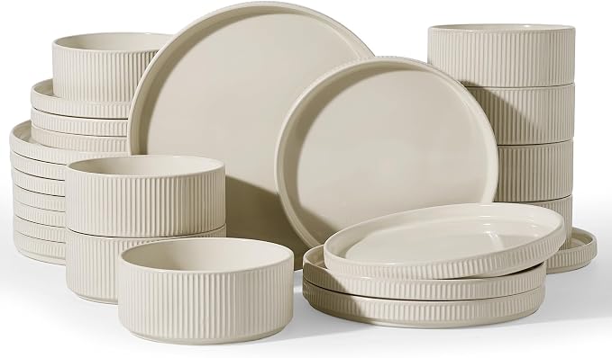 Famiware Stoneware Dishes Dinnerware Sets for 6, Ribbed Plates and Bowls | 18-Piece Ceramic Dinner Set with Lipped Edges, Chip & Scratch Resistant , Microwave & Dishwasher Safe, Daily Use, Oat White