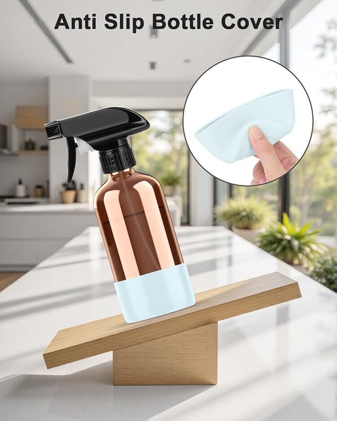 Bontip Amber Glass Spray Bottle, 8 oz with Blue Silicone Sleeve, 1 Pack | Refillable amber glass bottle, With protective silicone sleeve, BPA-free, UV shielding, Great for cleaning solutions,plants