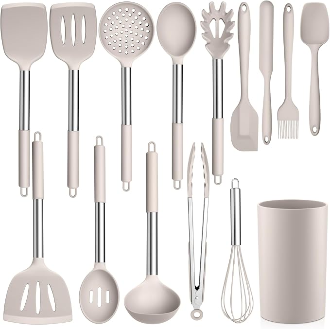 LIANYU 15 Pcs Cooking Utensils Set, Silicone Kitchen Tools with Holder | Heat Resistant, Kitchen Gadgets with Stainless Steel Handle, Brush Spatula Spoon Whisk for Cookware, Dishwasher Safe, Khaki