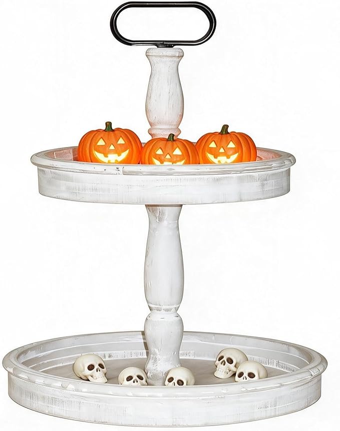 Krismax Decorative Trays - Two Tiered Tray Stand Rustic Tiered Tray Decor 2 Tiered Tray Serving Tray Seasonal & Holiday Decoration Wooden Tray for Coffee Table Farmhouse Display Stand Tray