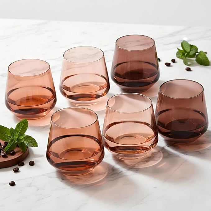 Venus Stemless Wine Glasses Set 6-14oz Melanin Colored Wine Glasses Stemless【HandBlown】 Brown Wine Glasses Set,Unique Brown Wine Glasses for Kwanzaa