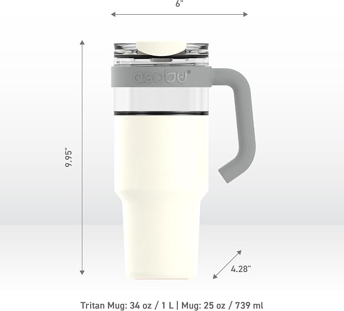 asobu Extra Large Travel Explorer Tumbler for Hot and Cold with Stainless Steel Removable Coffee Mug Sleeve - Straw and Flip Open Sip Spout, 34 oz / 25 oz (White)