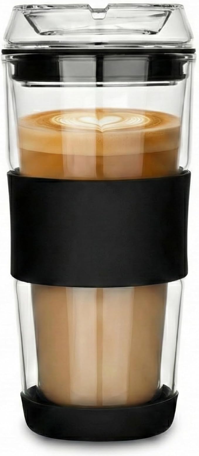 14oz Double Walled Glass Coffee Tumbler with Full Glass Lid | Silicone Sleeve, Non-Slip Insulated Travel Mug, Protective Bottom Bumper, 100% Plastic-Free