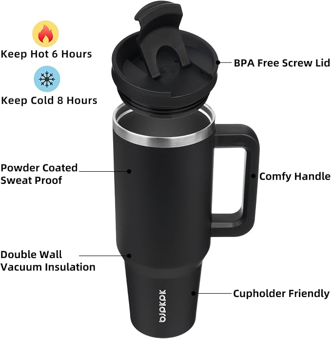 BJPKPK 40 oz Insulated Tumbler with Handle & Straw, Stainless Steel | Double Wall Vacuum Insulation, Leak Proof, BPA Free, Dishwasher Safe, Cupholder Friendly, Travel & Outdoor, Black