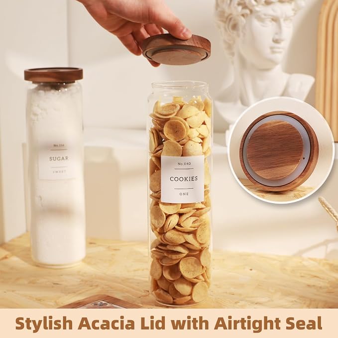 3 Pack Glass Canisters with Airtight Acacia Lids and 132 Kitchen Pantey Labels Preprint - 51 Fl Oz Borosilicate Glass Pantry Storage Jars Containers with Wooden Lids for Pasta,Spaghetti,Cereal,Noodles
