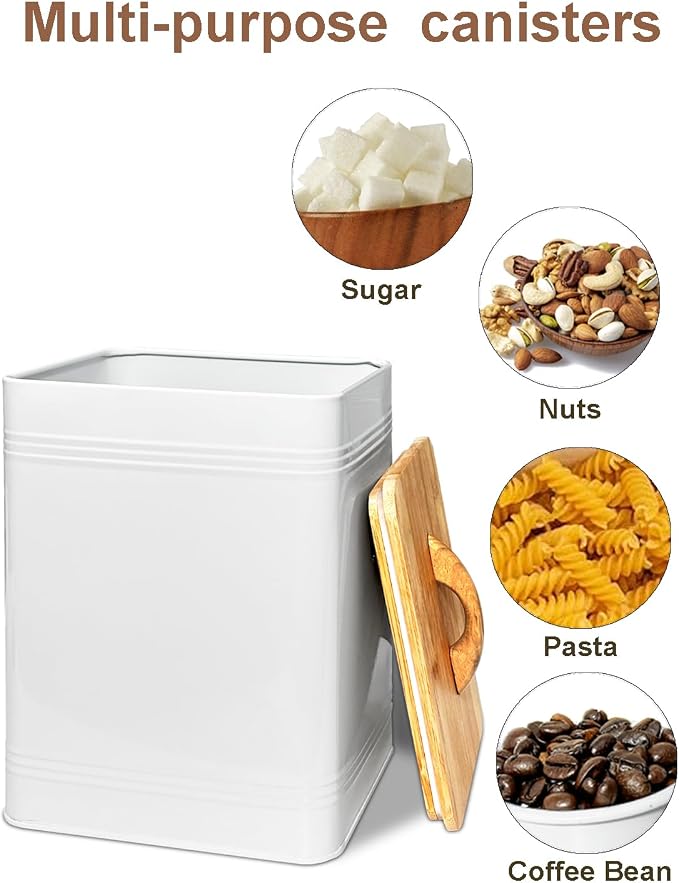 Kitchen Canister Set of 3 - Large 7 Qt Flour and Sugar Containers Airtight - White Metal Food Storage Jars with Bamboo Lids, Iron Spoon & Erasable Magnetic Labels, Farmhouse Decor for Pantry