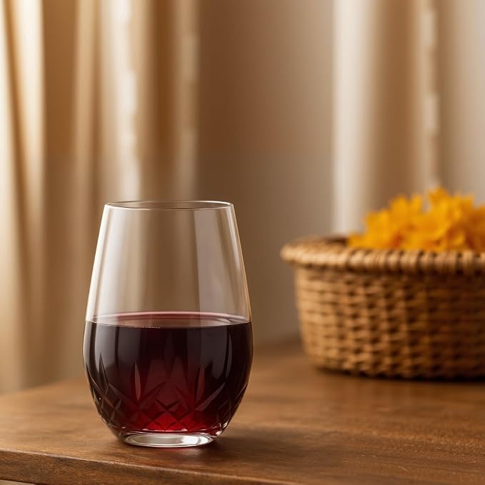 SHOSHIN Stemless Wine Glasses Set of 4, Hand Cut Crystal Wine Glasses, 18 oz Lead-Free Crystal Drinking Glasses with Gift Box, Elegant Glassware for Red Wine, White Wine, Cocktails, Wedding Gifts