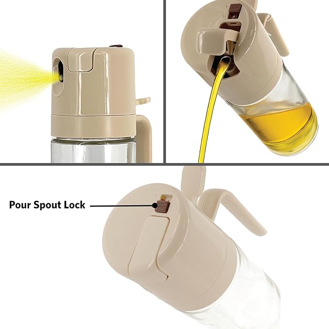 Glad 2 in 1 Oil Dispenser, 18.6oz/550ml - Olive Oil Sprayer for Cooking, Pouring Salad Dressing, and Grilling - Kitchen Gadget with Refillable Glass Bottle, Handle, and Mist or Pour Options - Beige