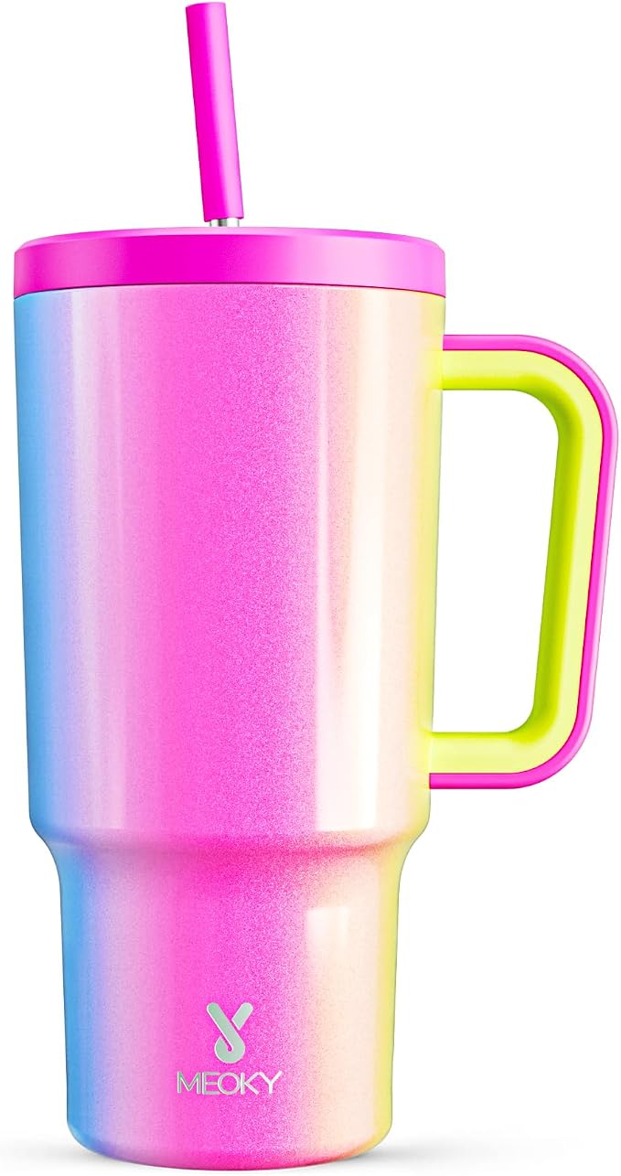 Meoky 30 oz Tumbler with Handle, Tumbler with Lid and Straw, Insulated Stainless Steel Travel Mug, 100% Leak-proof, Cupholder Friendly, Keeps Cold for 24 Hours or Hot for 8 Hours (Carnival)