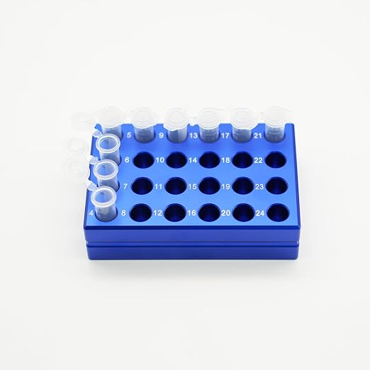 1 Pcs Aluminum Cooler Cooling Block PCR Test Tube Rack 24 Wells for 1.5/2mL | 10.5mm Hole Diameter for PCR/Microcentrifuge Tubes; Enzymes, RNA, Reagents, and Temp-sensitive Samples in Cold Prep (Blue)