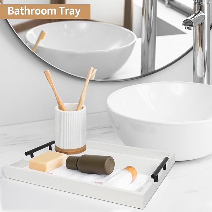 SXNOWS Wood Serving Tray with 2 Sets of Handles,White | Rectangle 16.5x13 Inch Ottoman Decorative Tray Platter for Coffee Table Living Room Bar Breakfast in Bed, 4 Coasters Included
