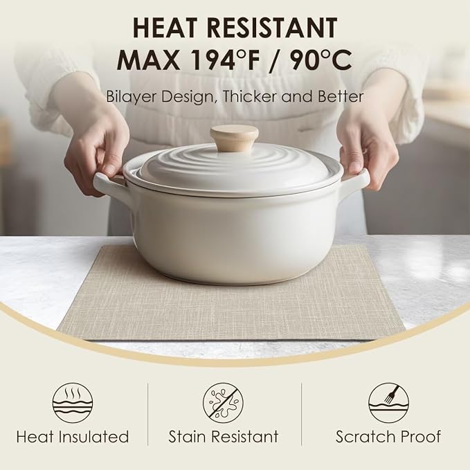 Placemats Set of 6, Bilayer Thickened Linen Place Mats Heat Resistant Machine Washable Wrinkle Free Carefully Selected Polyester Mats for Kitchen/Dining/Coffee Table (Cream Beige)