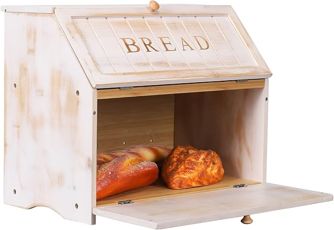 HOMEKOKO Vintage Double Layer Farmhouse Bread Box for Kitchen Counter,White | Keeps Bread Fresh 3-4 Days, 2-Tier Capacity Fits 2+ Loaves,Suitable For Farmhouse/Rustic Kitchens Use, Retro Design